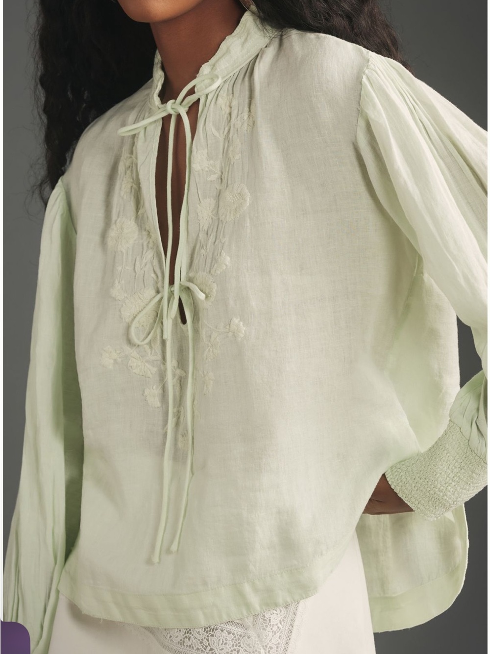 Anthropologie Light Sage Tie-Neck Peasant Top